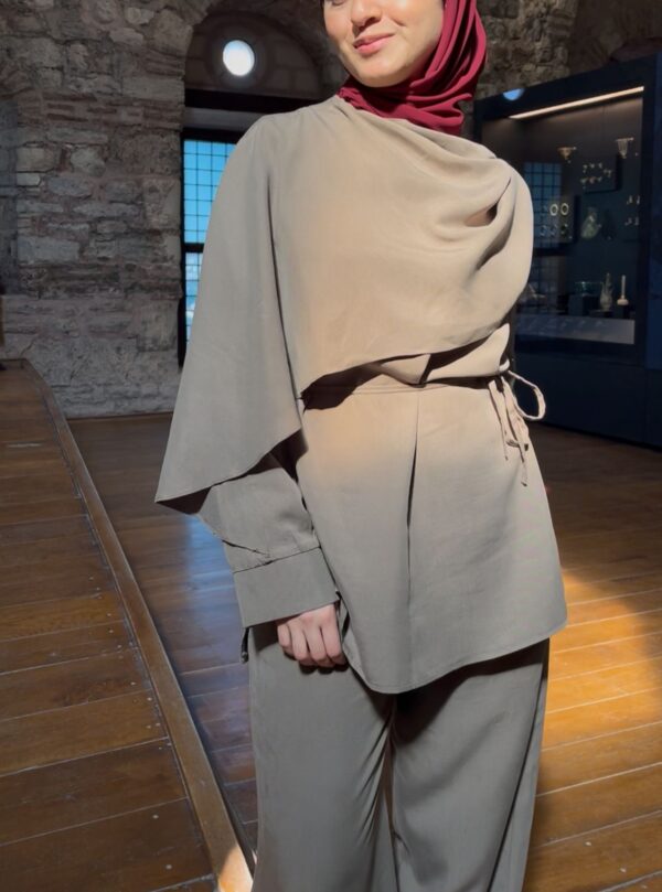 belted medine silk tunic & trouser set khaki