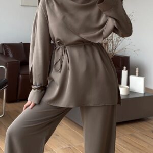 Belted Medine Silk Tunic & Trouser Set - Khaki