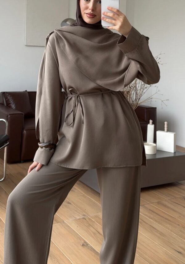 Belted Medine Silk Tunic & Trouser Set - Khaki